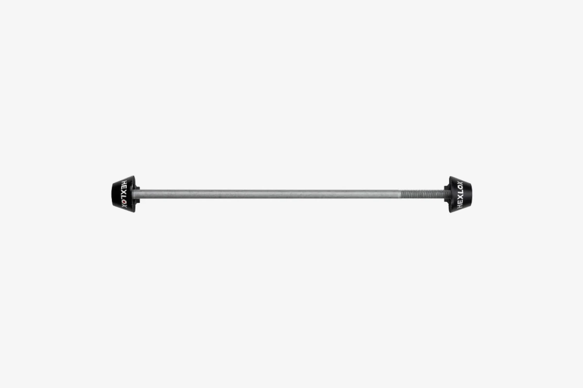 Hexlox rear quick release axle in black, side view