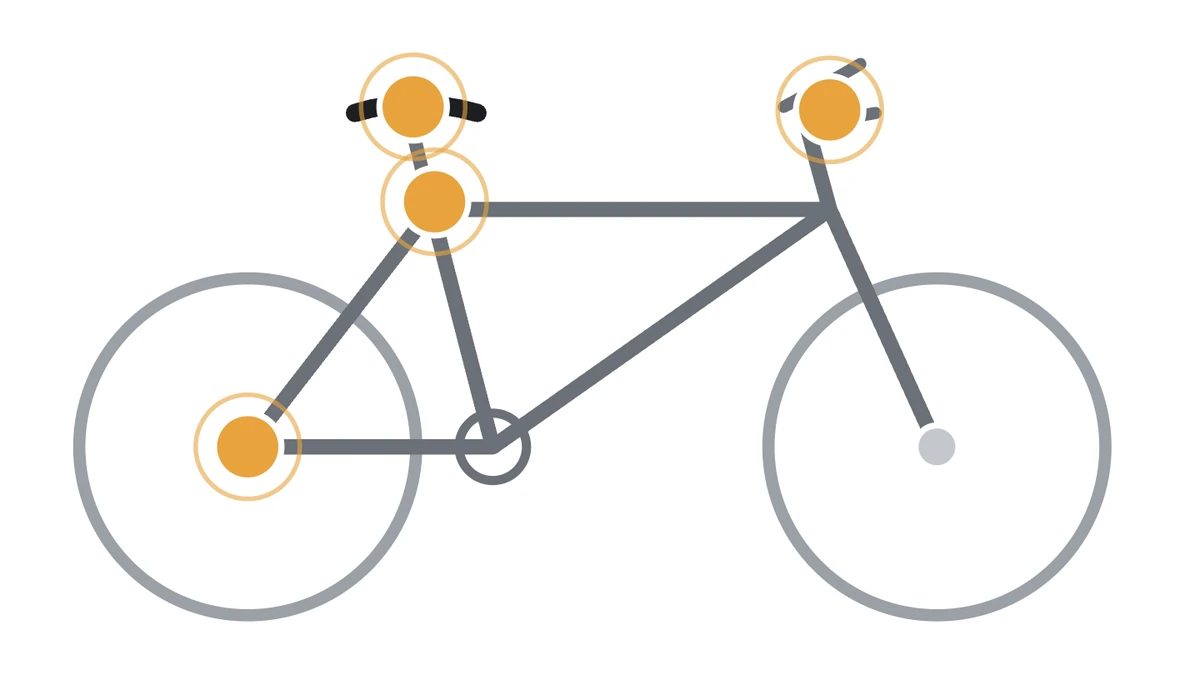 Bicycle outline with the places where the Hexlox 5 mm insert is typically used highlighted