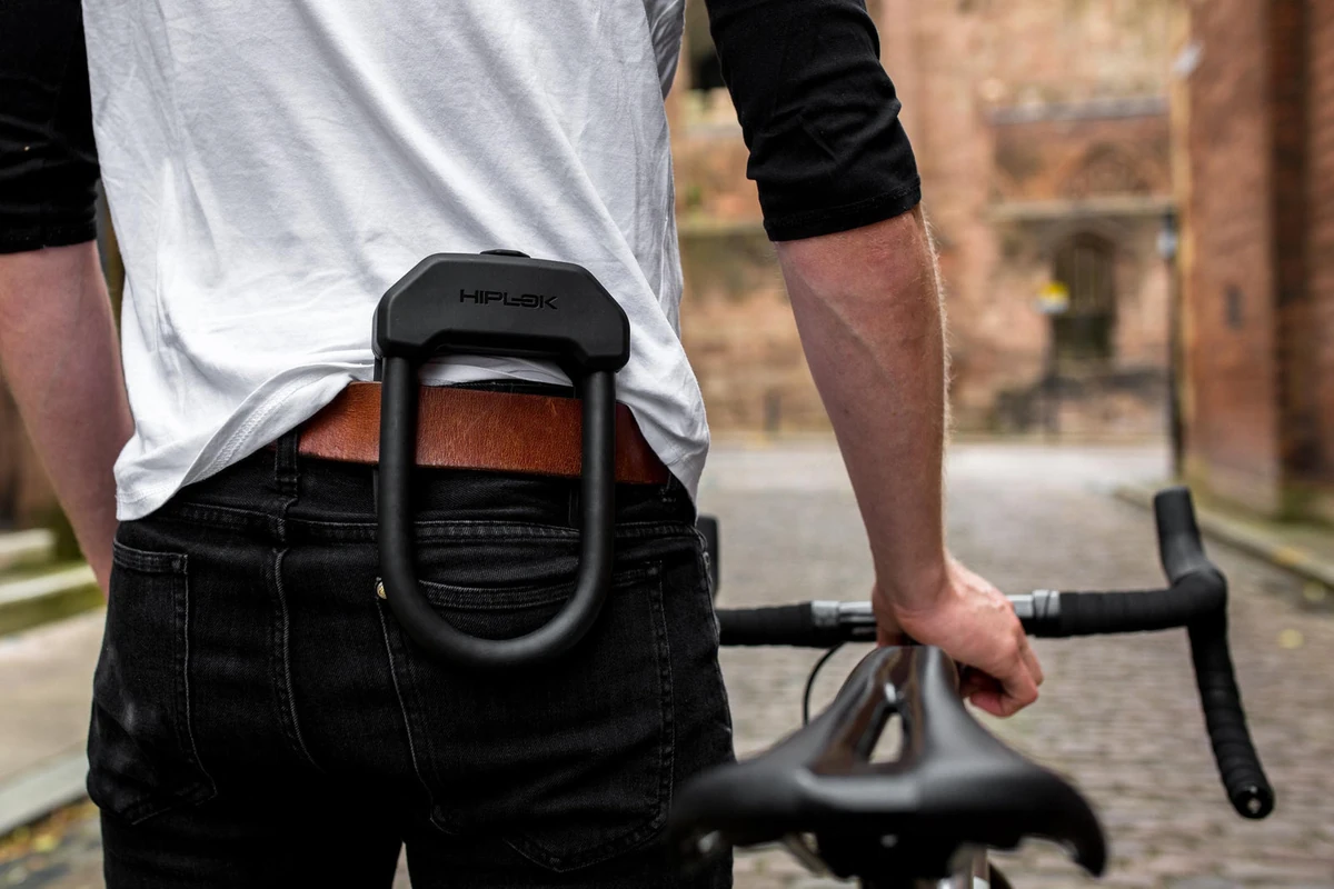 Hiplok DX D lock carried on a belt with the Clip + Ride system