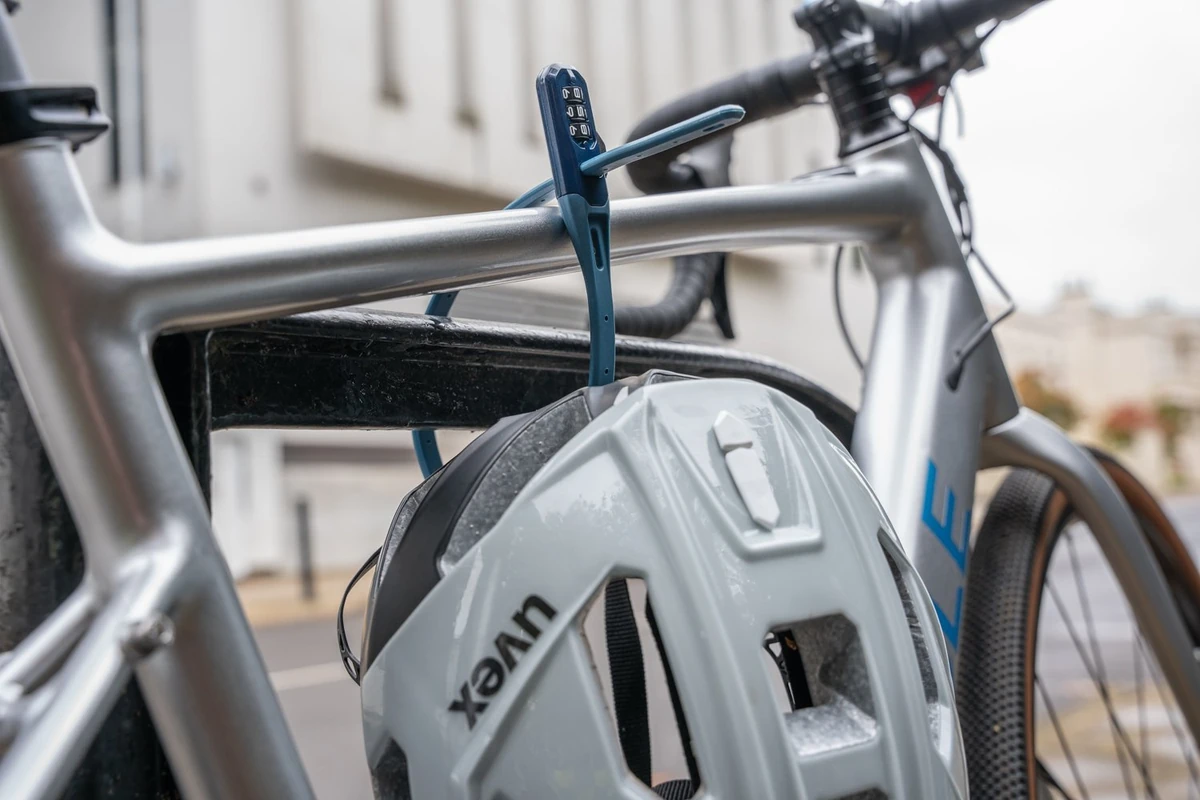 Hiplok Z LOK COMBO used as a helmet lock on a bicycle