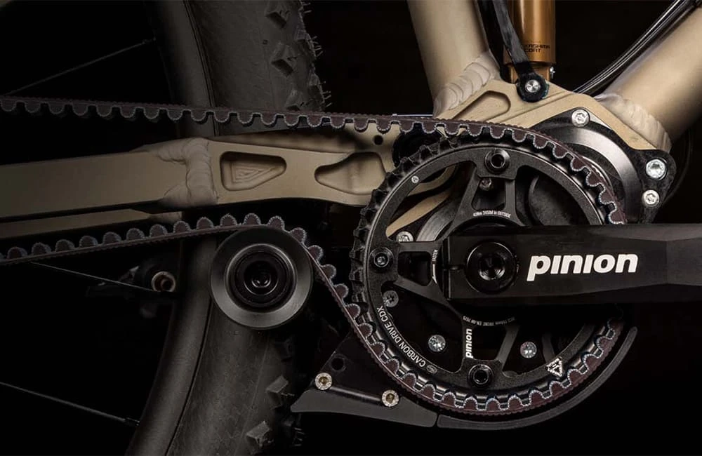Close-up of a Pinion crank and chainring on a bicycle with the Pinion gearbox behind it