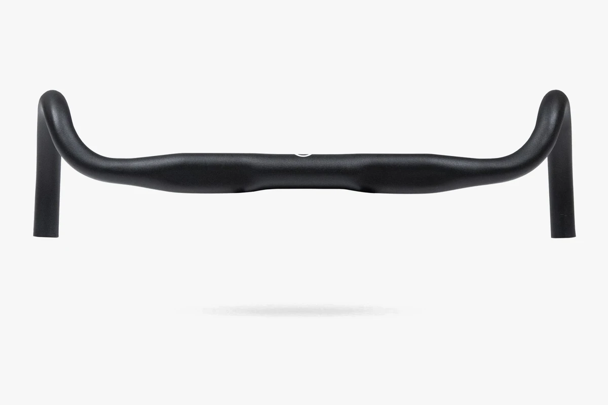Black Booda Bike aluminium gravel drop handlebar seen from the front, with wide drops pointing downward