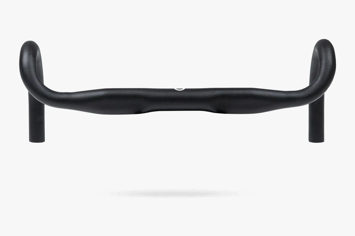 Black Booda Bike aluminium road handlebar seen from the front, with the drops pointing downward and a small round logo at the centre