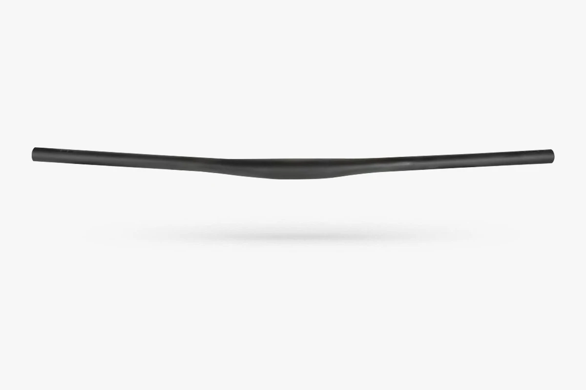 Black Booda Bike carbon riser handlebar seen from the front, a long bar with a slight rise at the centre
