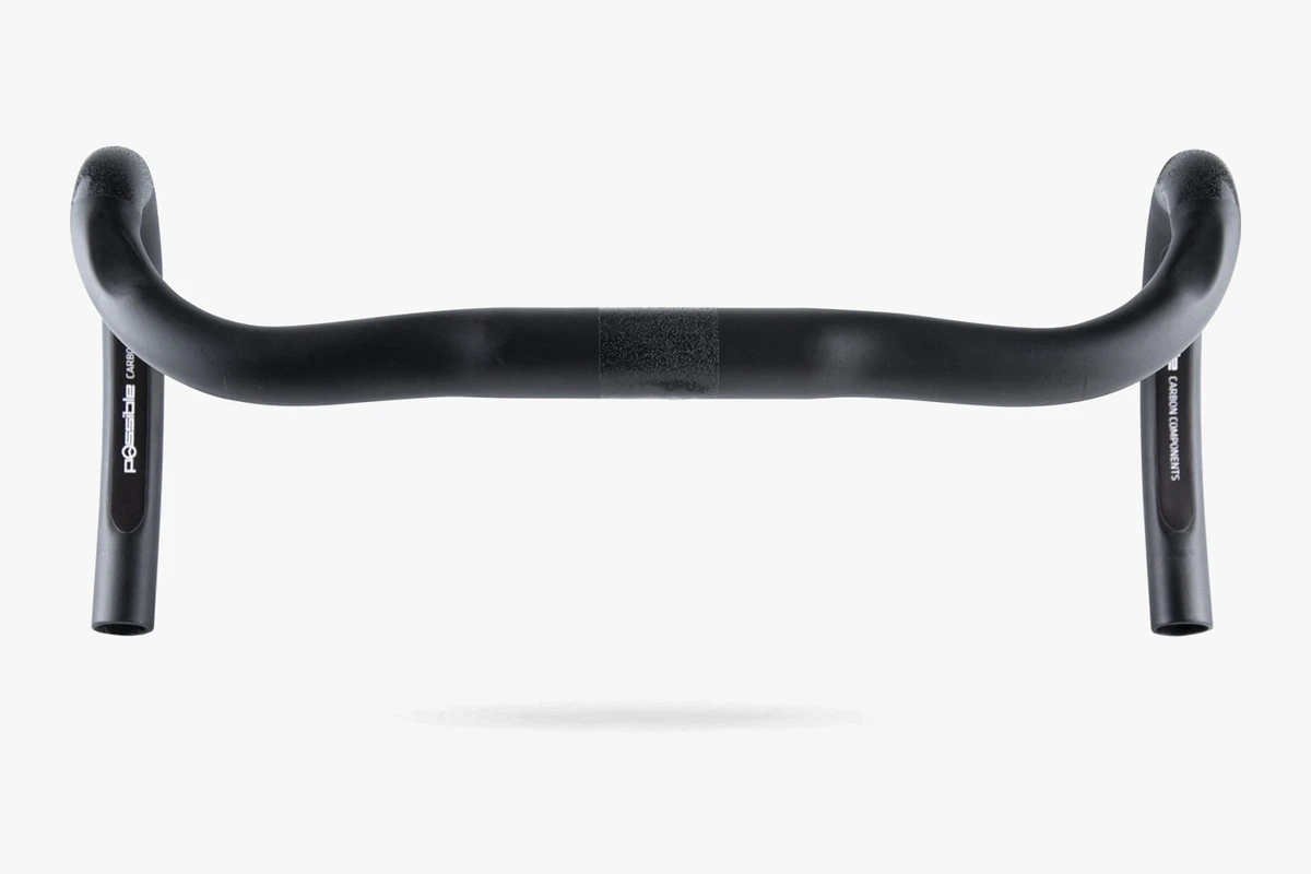Black Booda Bike carbon road handlebar seen from the front, with the drops pointing downward and Possible lettering on the bar