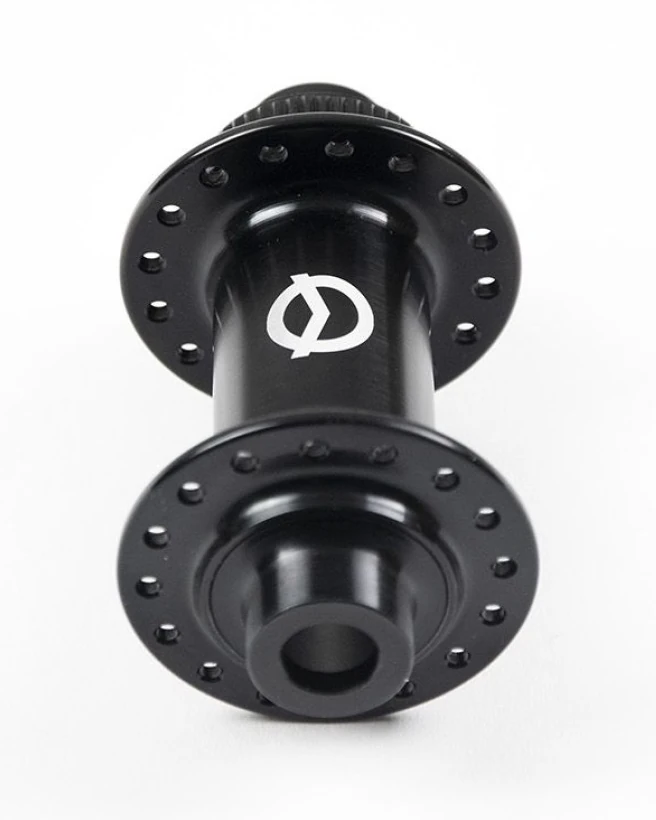 Possible black front hub with 32 spoke holes in both flanges, front view with logo