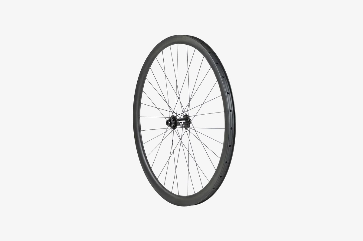 Possible front wheel with black carbon rim, 622, 32 black spokes, thru-axle