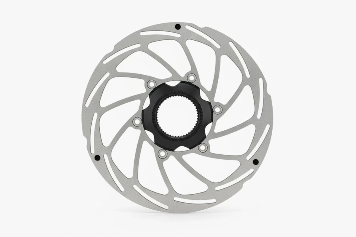 Possible 160 mm Centerlock disc brake rotor from the front, a silver ring with slots and open windows around a black splined centre