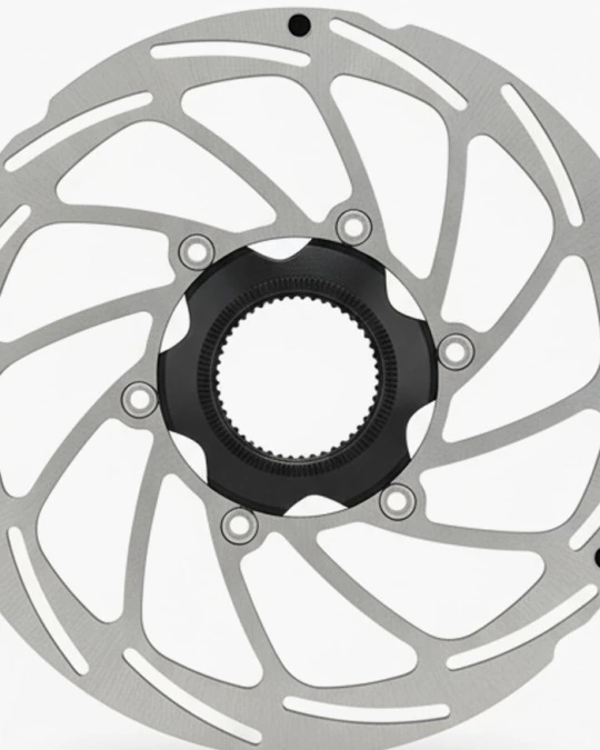 Close-up of the black splined Centerlock centre of the Possible 160 mm rotor, with six fasteners joining it to the silver braking ring