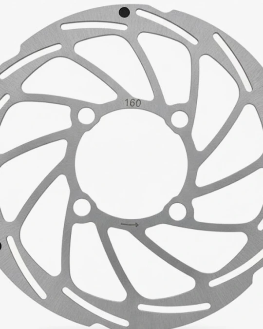 Close-up of the centre of the Possible 160 mm Rohloff brake disc with four mounting holes and the number 160 on the disc