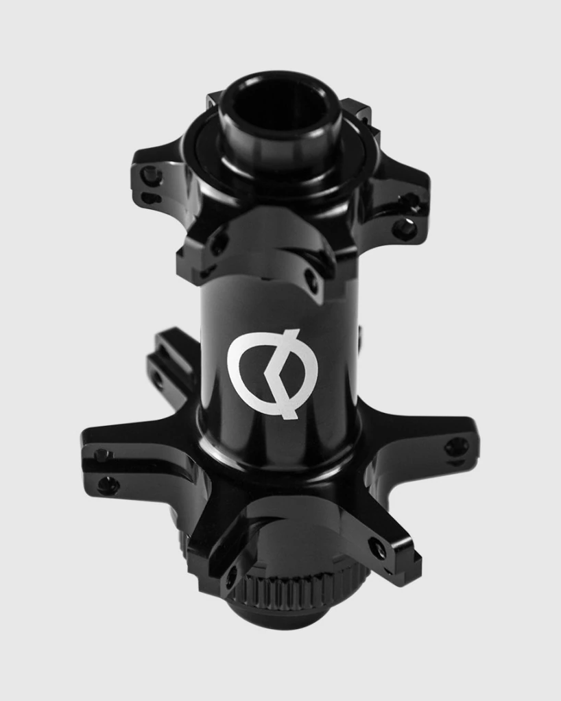 Possible SpinnerOne front hub, front view with Possible logo and straightpull flanges