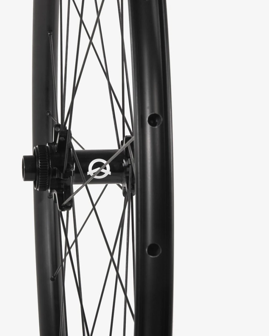 Possible SpinnerOne wheel, side view of the black tubeless-ready rim and spokes