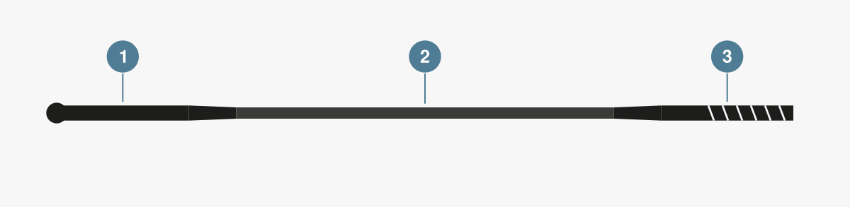 Diagram of a butted spoke with thick ends and a thinner middle section