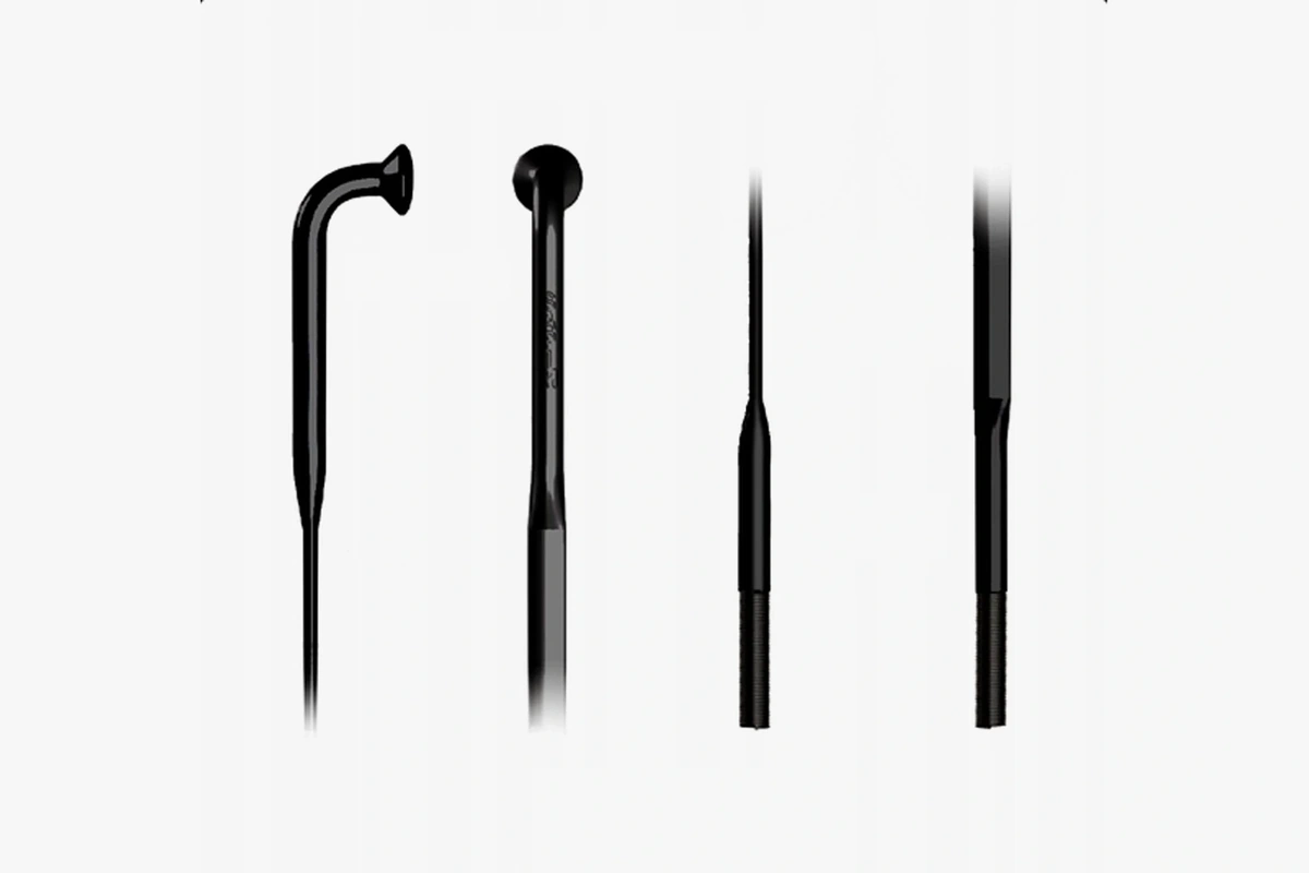 Black Sapim CX-Ray J-bend spokes shown from several sides: J-bend head, round head and flat blade