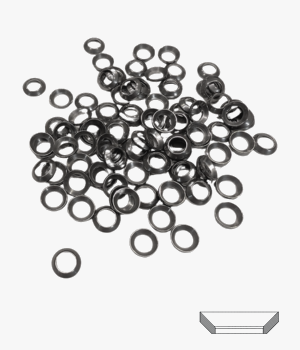 A pile of Sapim HM nipple washers with one shown in side profile