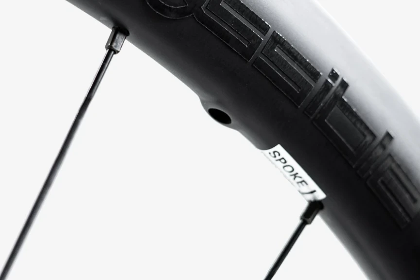 Possible carbon rim with logo, a black spoke entering the rim at the nipple