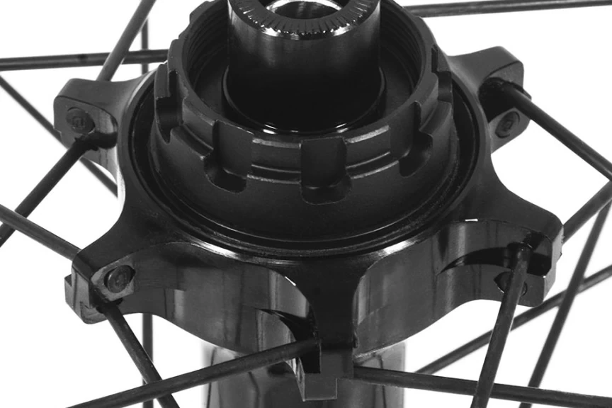 Black straight-pull hub with a six-pointed flange, laced with black Sapim Sprint spokes on a Possible SpinnerOne wheel