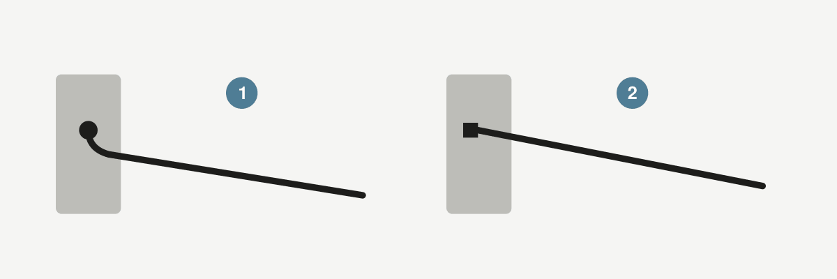 Diagram of a J-bend spoke head in a hub flange and a straight-pull spoke head in a slotted hub