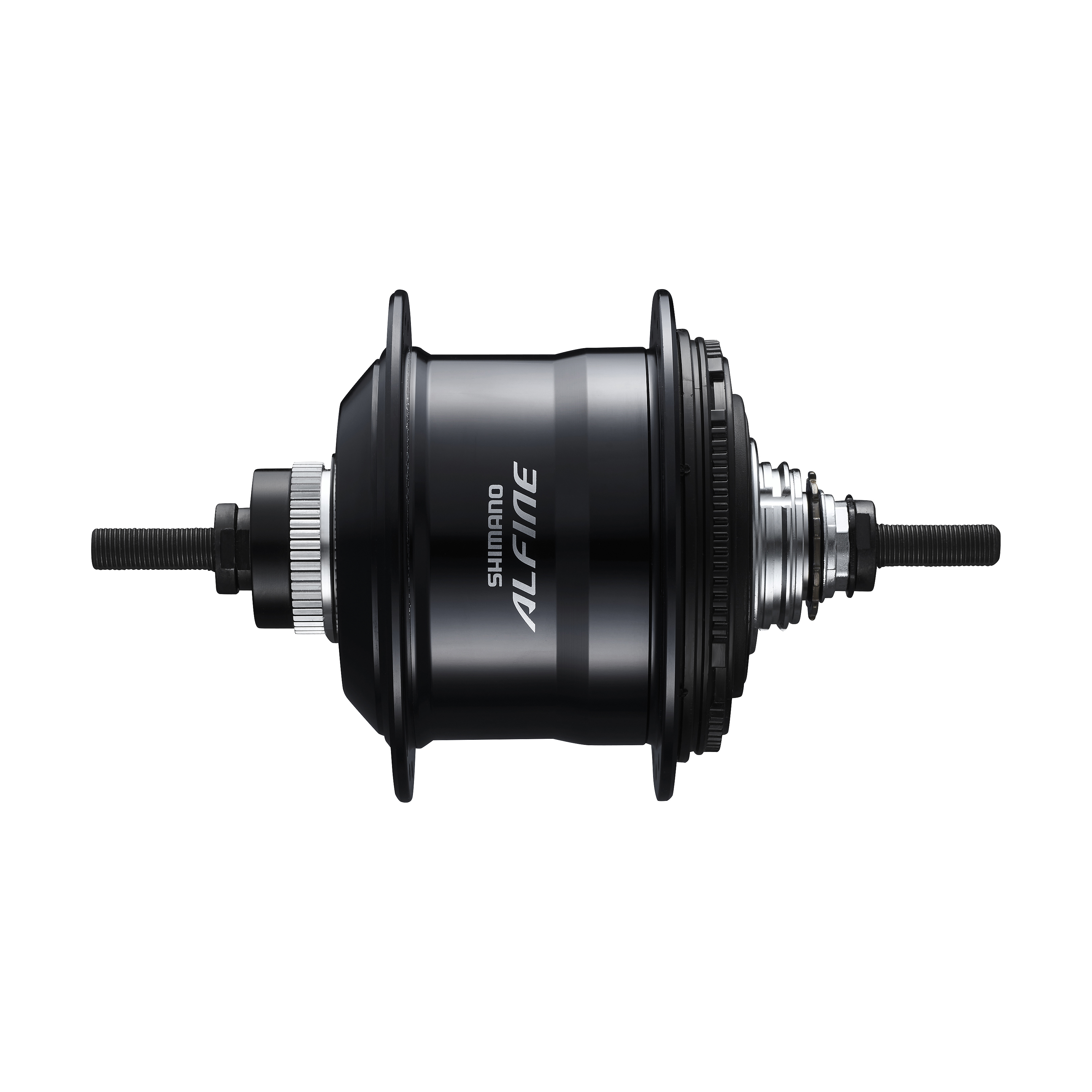 Schwarzes Shimano Alfine 11 SG-S7001-11 Nabengehäuse mit Alfine-Logo, Seitenansicht