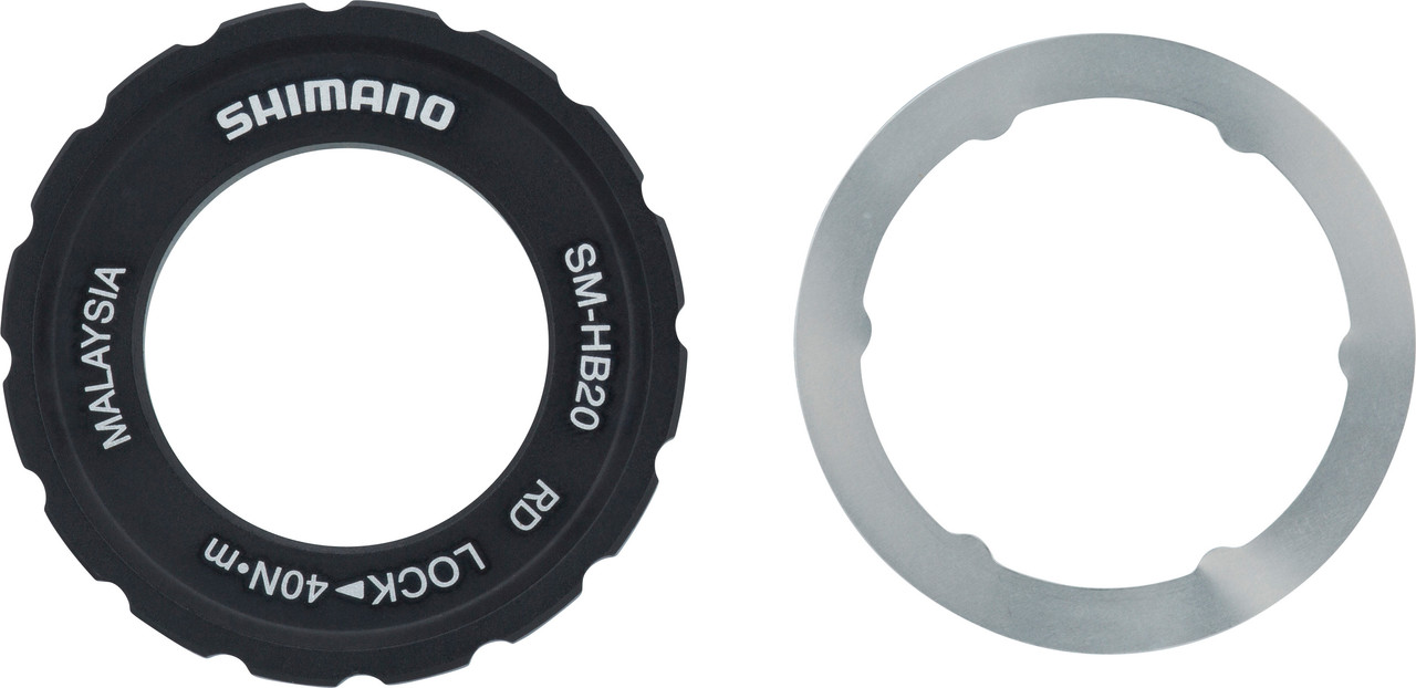 Shimano SM-HB20 Center Lock lockring with external splines and its washer