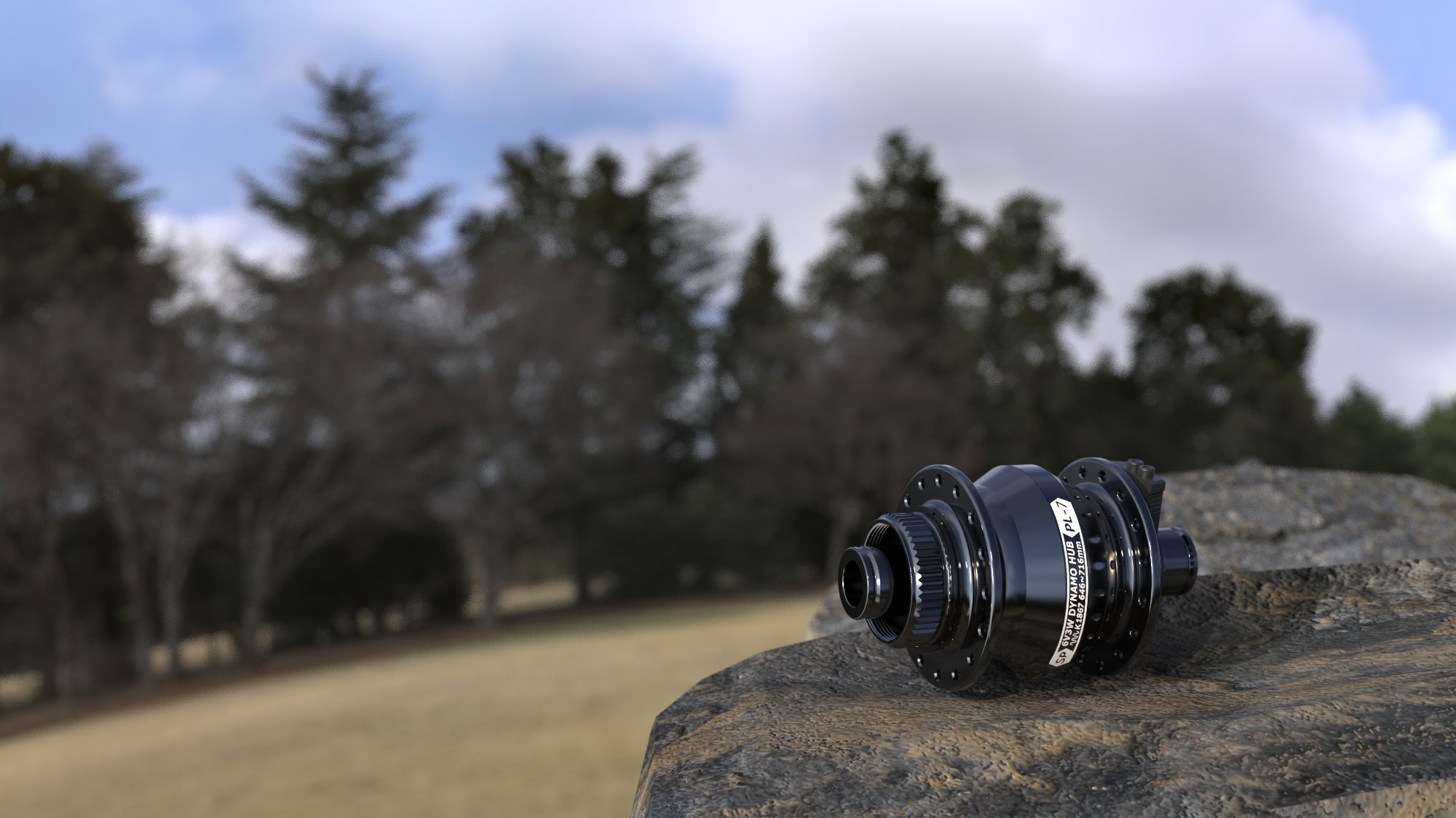 Shutter Precision PL-7 schwarzer Nabendynamo, im Freien auf einem Felsen liegend
