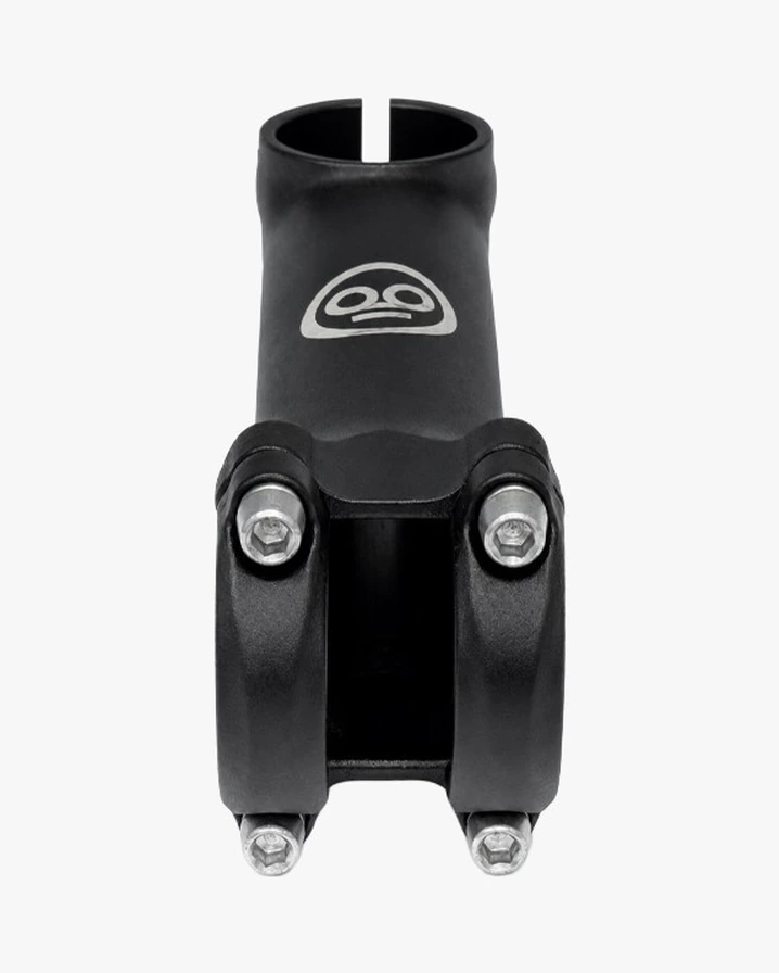 Front view of a Booda Bike stem showing the round Booda Bike logo above the four-bolt faceplate, with the slotted steerer clamp at the top