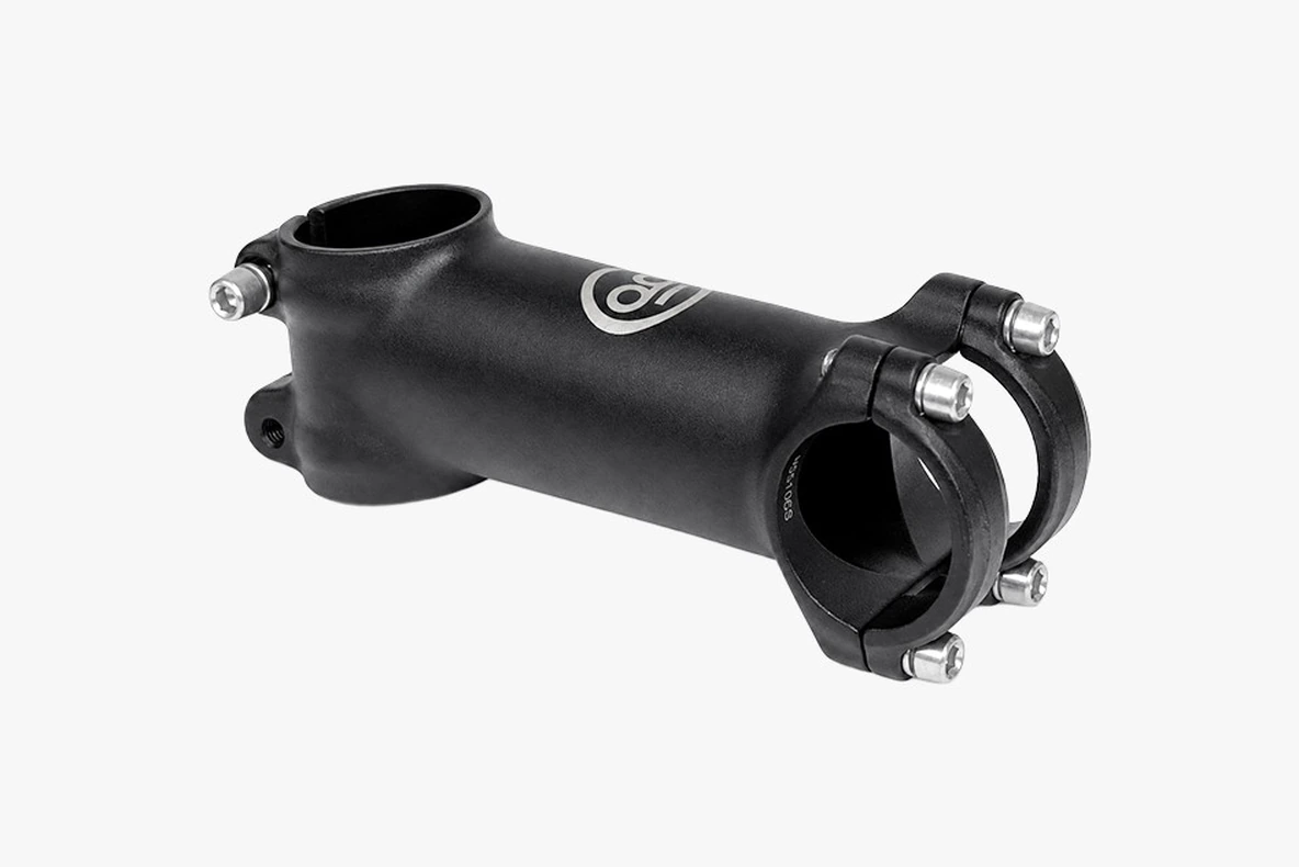 Black Booda Bike aluminum stem, 100 mm long, in three-quarter view with the round Booda Bike logo and a four-bolt faceplate