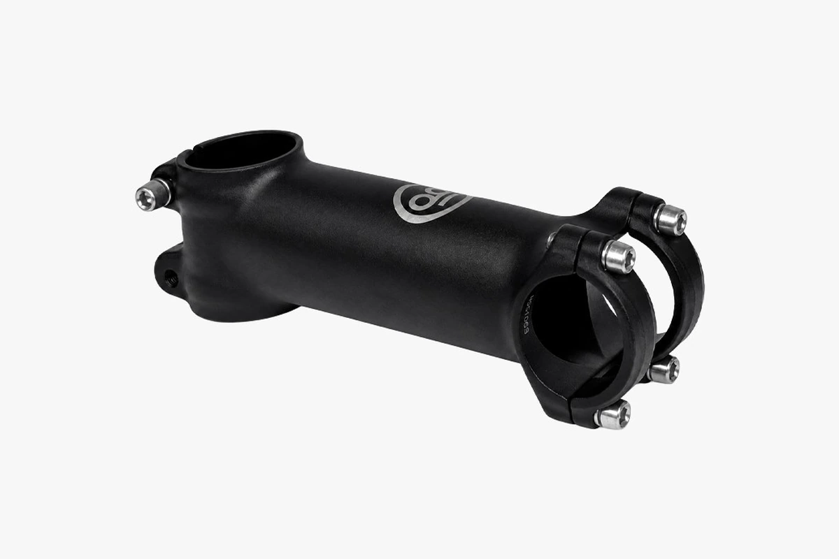 Black Booda Bike aluminum stem, 110 mm long, in three-quarter view with the round Booda Bike logo and a four-bolt faceplate
