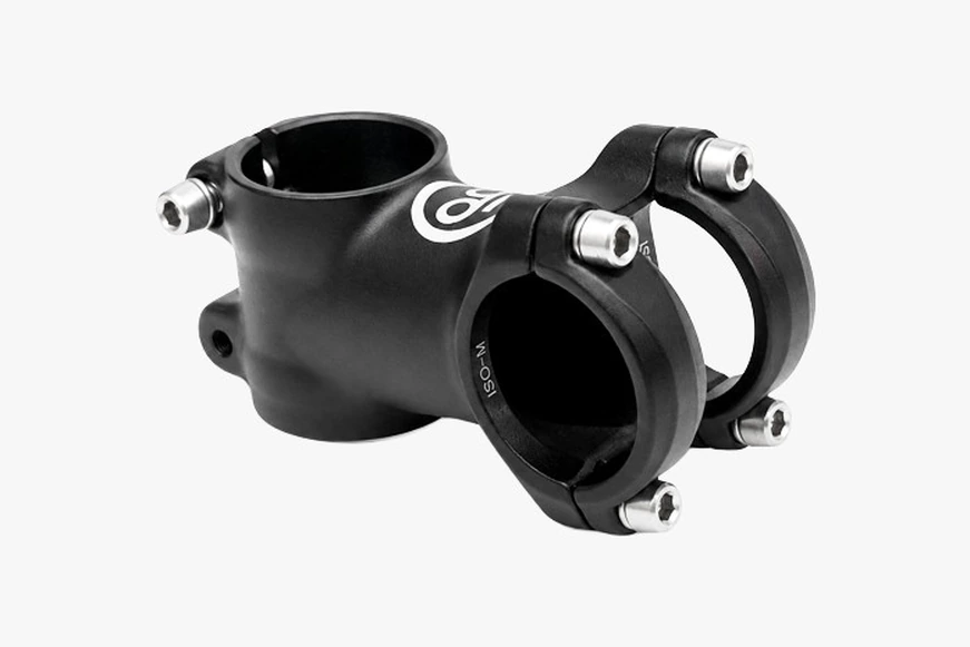 Short black Booda Bike aluminum stem in three-quarter view with the round Booda Bike logo and a four-bolt faceplate