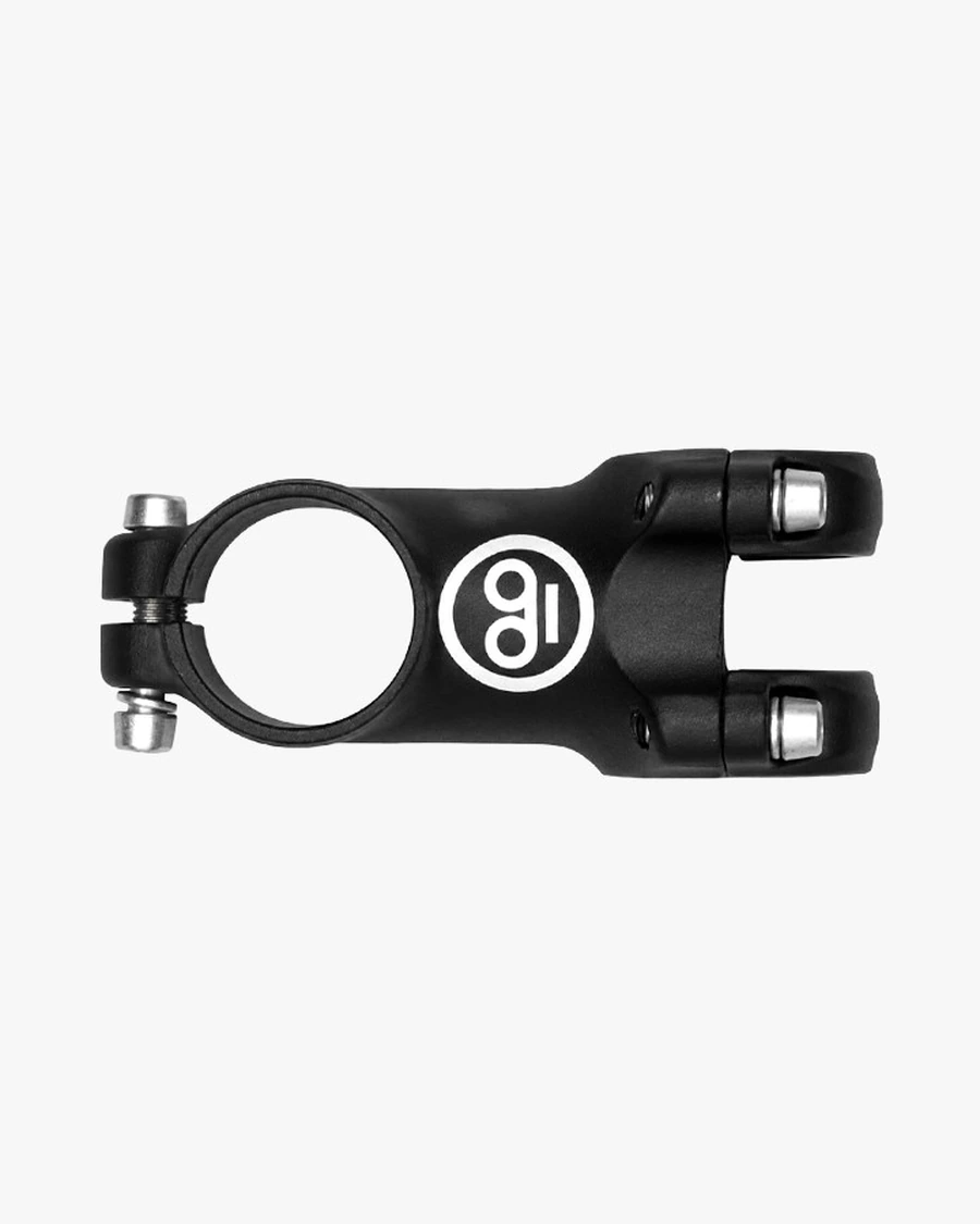 Top view of the Booda Bike stem showing the round Booda Bike logo on the body and the four-bolt faceplate