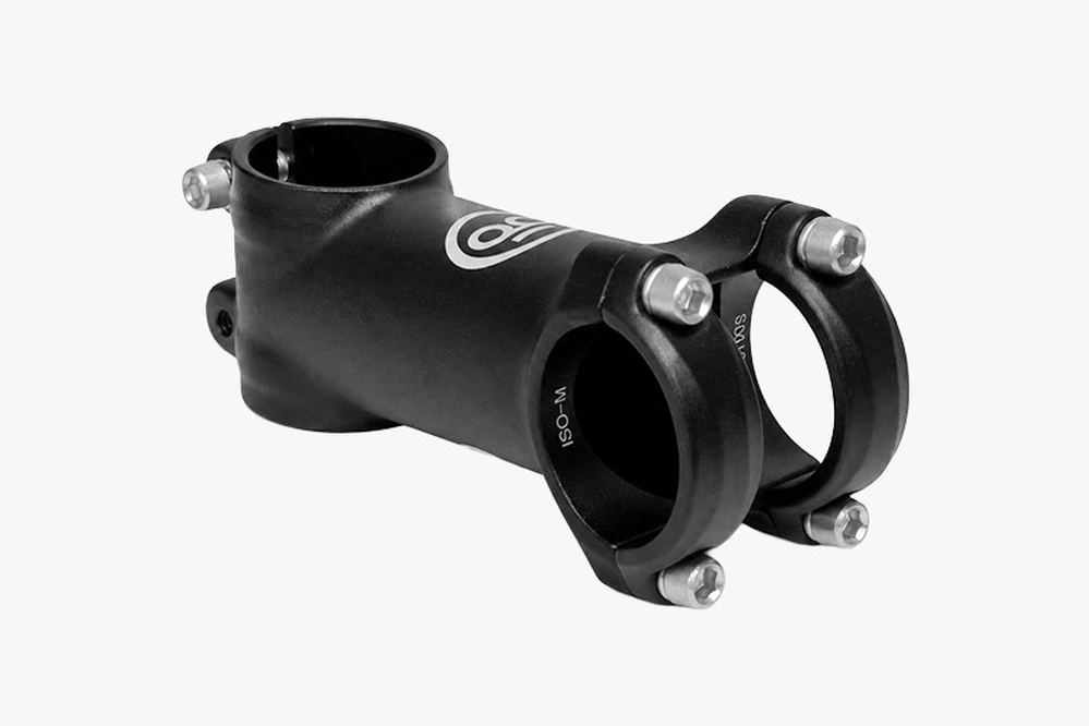 Black Booda Bike aluminum stem, 90 mm long, in three-quarter view with the round Booda Bike logo and a four-bolt faceplate