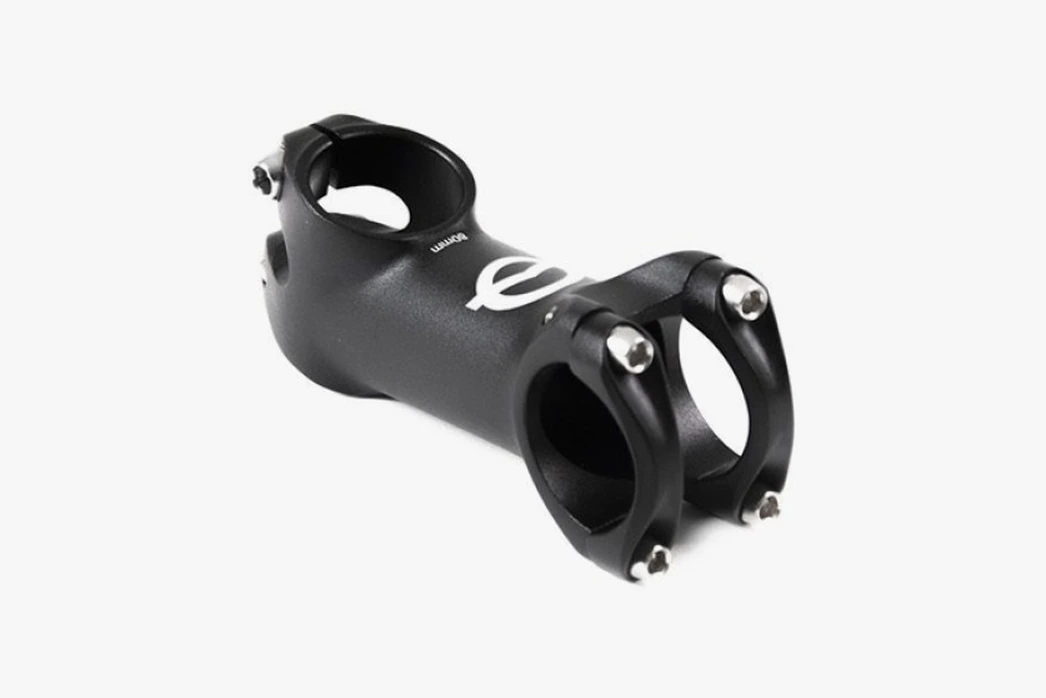 Black Possible aluminum stem, 80 mm long and angled steeply upward, in three-quarter view with a four-bolt faceplate and a white Possible logo