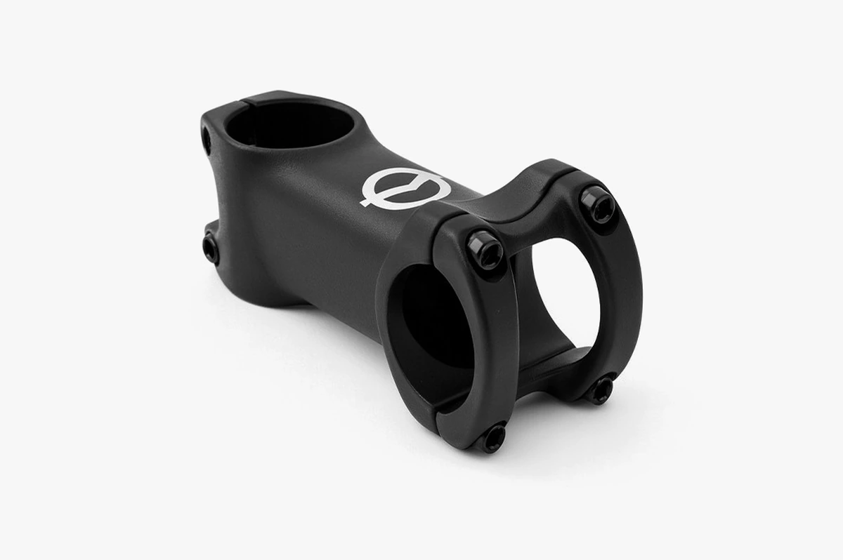 Black Possible aluminum stem, 80 mm long, in three-quarter view with the large handlebar clamp, four black bolts and a white Possible logo