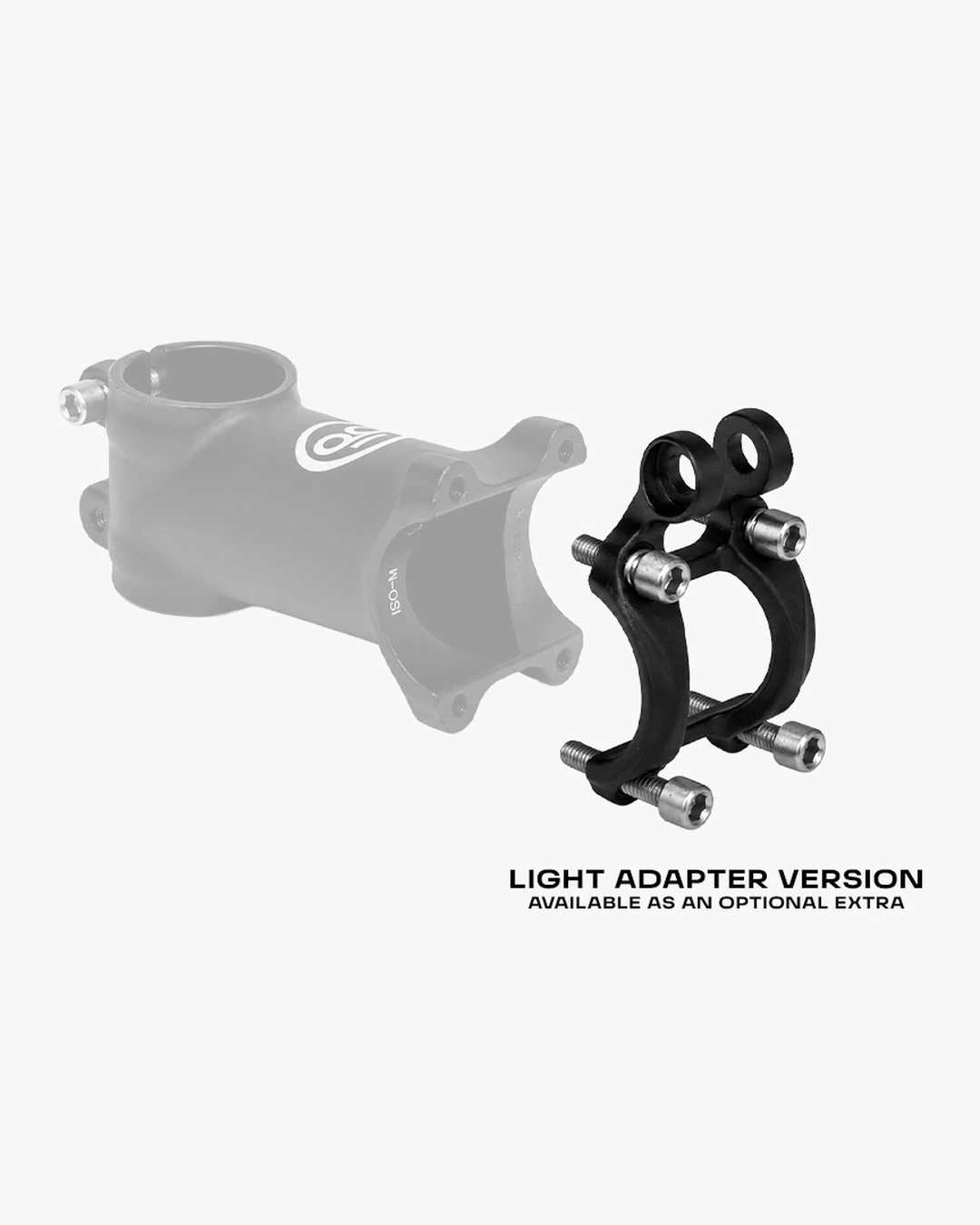 Booda Bike stem shown faded behind a black front light mount adapter, with the words Light adapter version, available as an optional extra